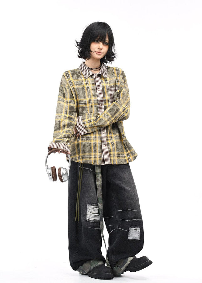 TALKLESSFASHION OV original American vintage plaid patchwork couple long sleeve shirt men's and women's autumn street loose casual shirt trend