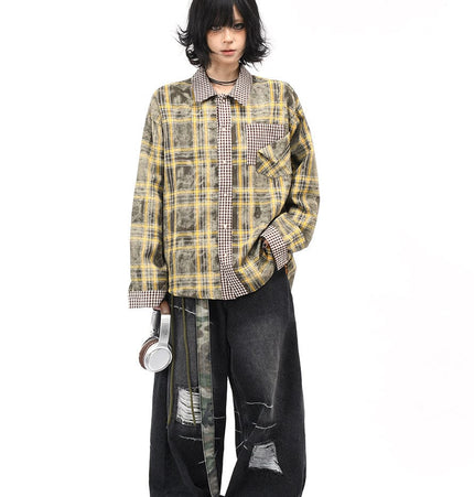 THETLSTUDIO OV original American vintage plaid patchwork couple long sleeve shirt men's and women's autumn street loose casual shirt trend