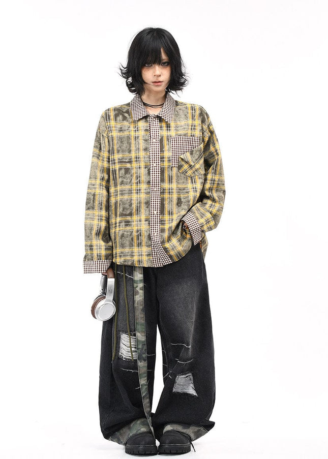 TALKLESSFASHION OV original American vintage plaid patchwork couple long sleeve shirt men's and women's autumn street loose casual shirt trend