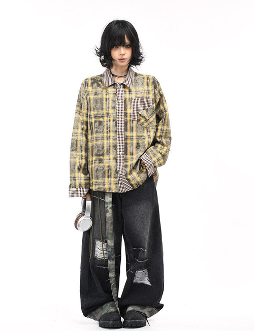 THETLSTUDIO OV original American vintage plaid patchwork couple long sleeve shirt men's and women's autumn street loose casual shirt trend