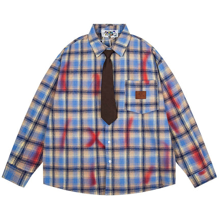 TALKLESSFASHION OV original American vintage plaid smudged graffiti long sleeve shirt women's autumn tie design loose couple shirt
