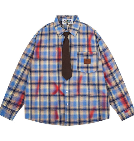 THETLSTUDIO OV original American vintage plaid smudged graffiti long sleeve shirt women's autumn tie design loose couple shirt