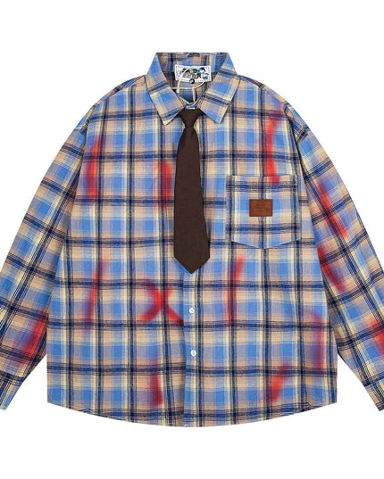 TALKLESSFASHION OV original American vintage plaid smudged graffiti long sleeve shirt women's autumn tie design loose couple shirt