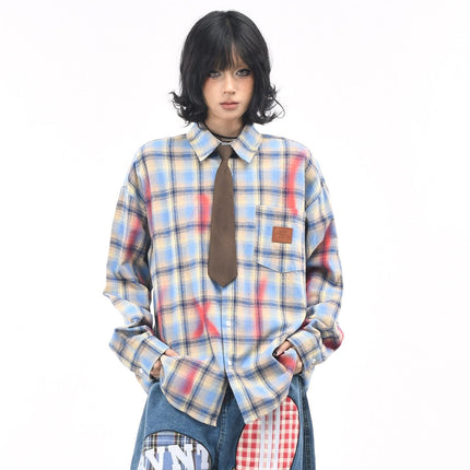 TALKLESSFASHION OV original American vintage plaid smudged graffiti long sleeve shirt women's autumn tie design loose couple shirt