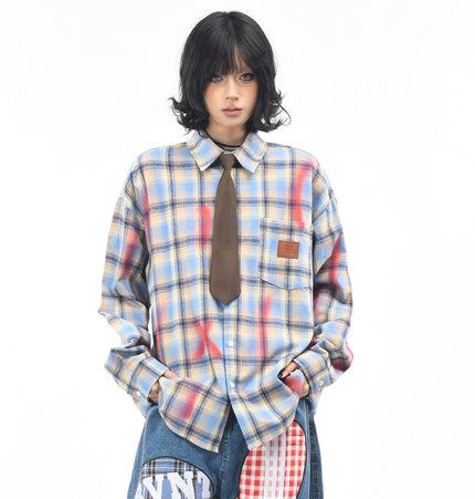 THETLSTUDIO OV original American vintage plaid smudged graffiti long sleeve shirt women's autumn tie design loose couple shirt