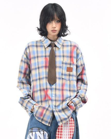 TALKLESSFASHION OV original American vintage plaid smudged graffiti long sleeve shirt women's autumn tie design loose couple shirt