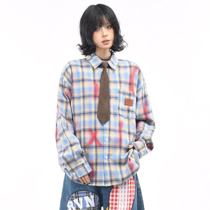 TALKLESSFASHION OV original American vintage plaid smudged graffiti long sleeve shirt women's autumn tie design loose couple shirt