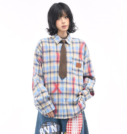 THETLSTUDIO OV original American vintage plaid smudged graffiti long sleeve shirt women's autumn tie design loose couple shirt