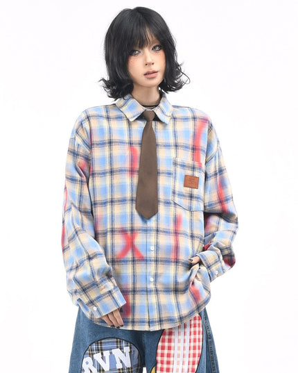 TALKLESSFASHION OV original American vintage plaid smudged graffiti long sleeve shirt women's autumn tie design loose couple shirt