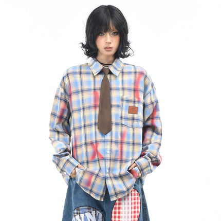 TALKLESSFASHION OV original American vintage plaid smudged graffiti long sleeve shirt women's autumn tie design loose couple shirt