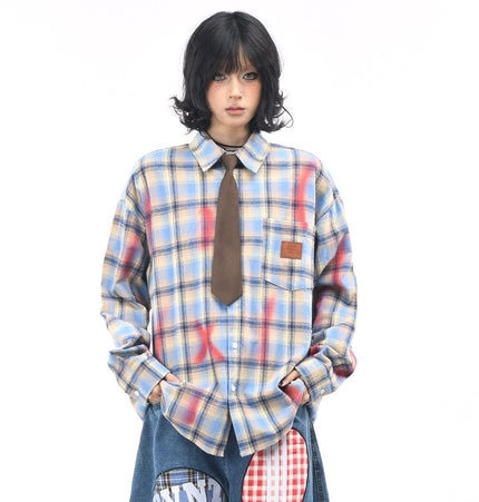 THETLSTUDIO OV original American vintage plaid smudged graffiti long sleeve shirt women's autumn tie design loose couple shirt