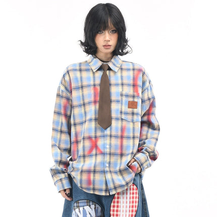 TALKLESSFASHION OV original American vintage plaid smudged graffiti long sleeve shirt women's autumn tie design loose couple shirt