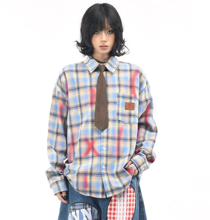 THETLSTUDIO OV original American vintage plaid smudged graffiti long sleeve shirt women's autumn tie design loose couple shirt