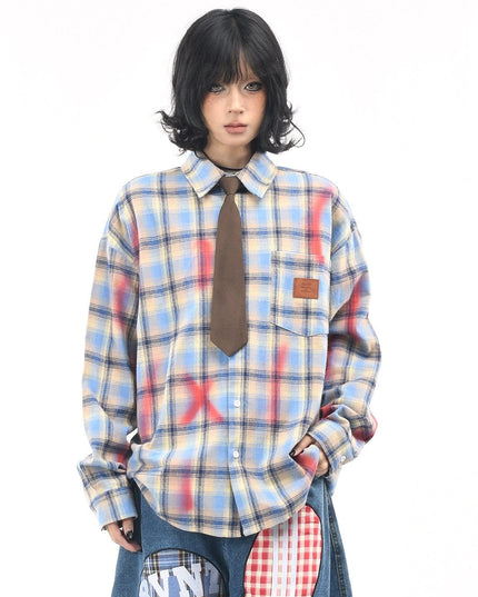 TALKLESSFASHION OV original American vintage plaid smudged graffiti long sleeve shirt women's autumn tie design loose couple shirt