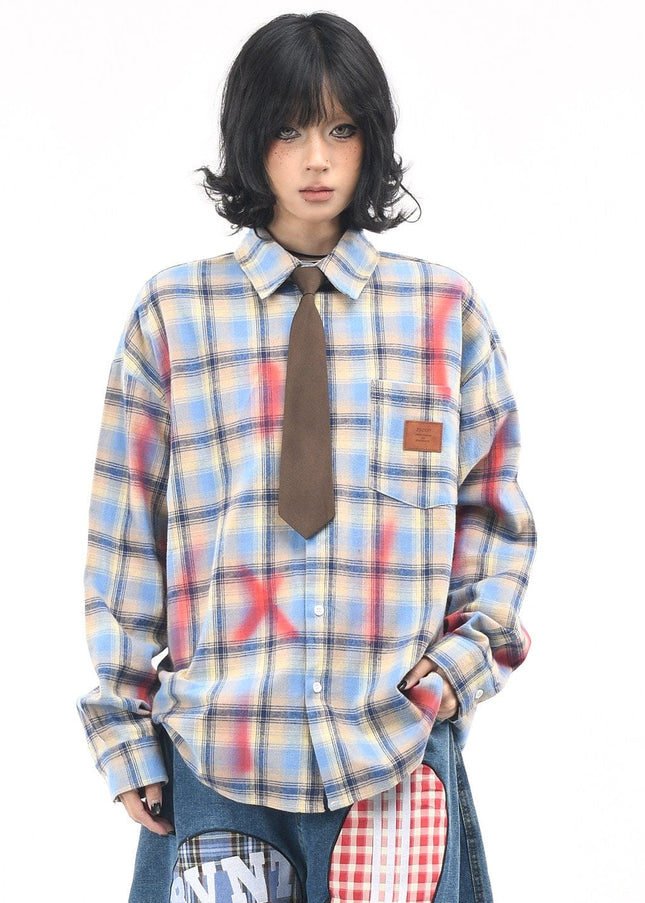 TALKLESSFASHION OV original American vintage plaid smudged graffiti long sleeve shirt women's autumn tie design loose couple shirt