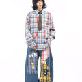 TALKLESSFASHION OV original American vintage plaid smudged graffiti long sleeve shirt women's autumn tie design loose couple shirt