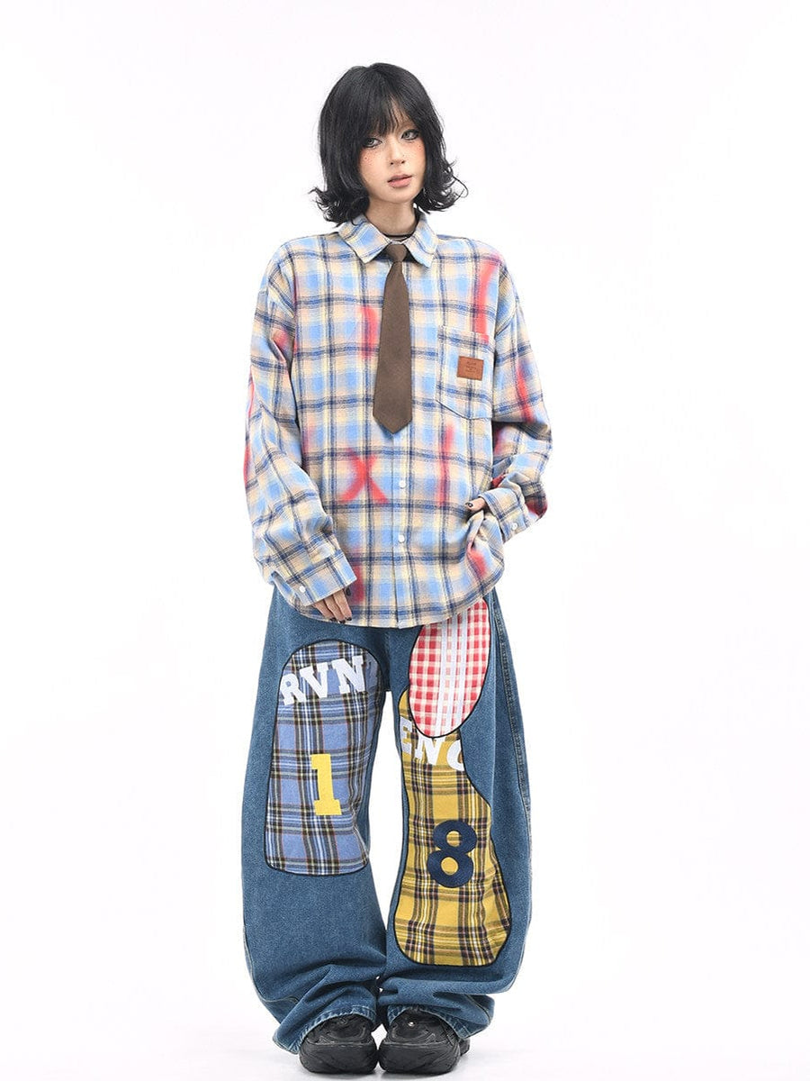 THETLSTUDIO OV original American vintage plaid smudged graffiti long sleeve shirt women's autumn tie design loose couple shirt