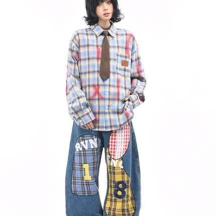 TALKLESSFASHION OV original American vintage plaid smudged graffiti long sleeve shirt women's autumn tie design loose couple shirt