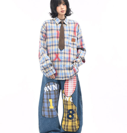 THETLSTUDIO OV original American vintage plaid smudged graffiti long sleeve shirt women's autumn tie design loose couple shirt