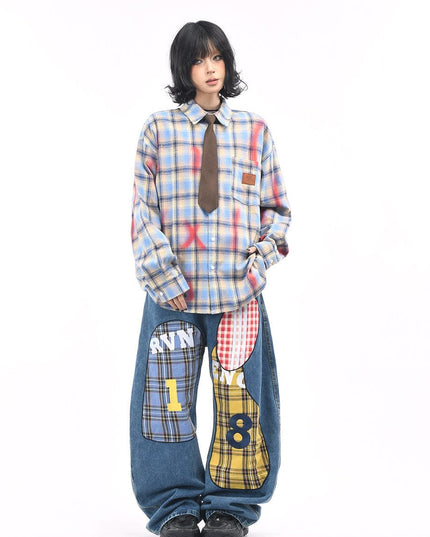 TALKLESSFASHION OV original American vintage plaid smudged graffiti long sleeve shirt women's autumn tie design loose couple shirt