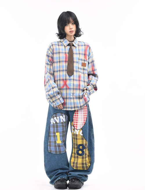 THETLSTUDIO OV original American vintage plaid smudged graffiti long sleeve shirt women's autumn tie design loose couple shirt