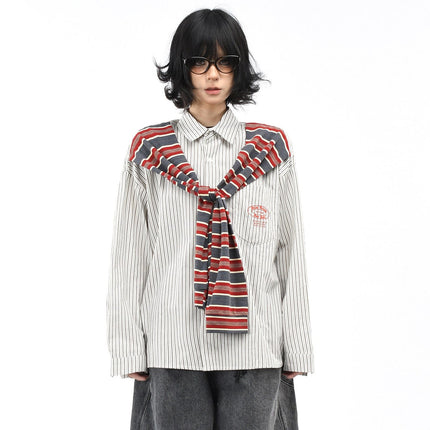 TALKLESSFASHION OV original American vintage striped shawl design long sleeve shirt men's and women's autumn street loose casual shirt trend