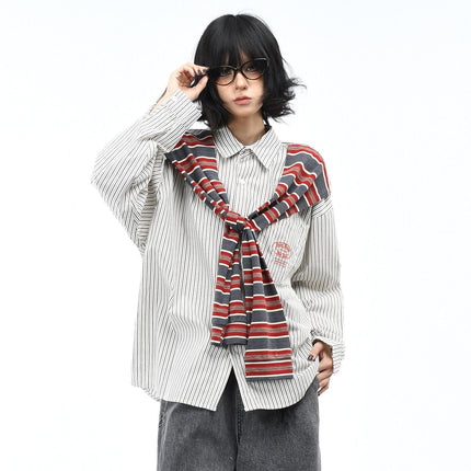 TALKLESSFASHION OV original American vintage striped shawl design long sleeve shirt men's and women's autumn street loose casual shirt trend