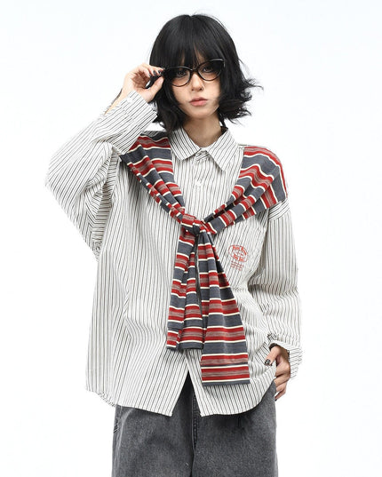 TALKLESSFASHION OV original American vintage striped shawl design long sleeve shirt men's and women's autumn street loose casual shirt trend