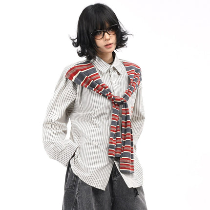 TALKLESSFASHION OV original American vintage striped shawl design long sleeve shirt men's and women's autumn street loose casual shirt trend
