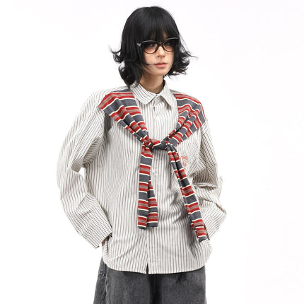 TALKLESSFASHION OV original American vintage striped shawl design long sleeve shirt men's and women's autumn street loose casual shirt trend