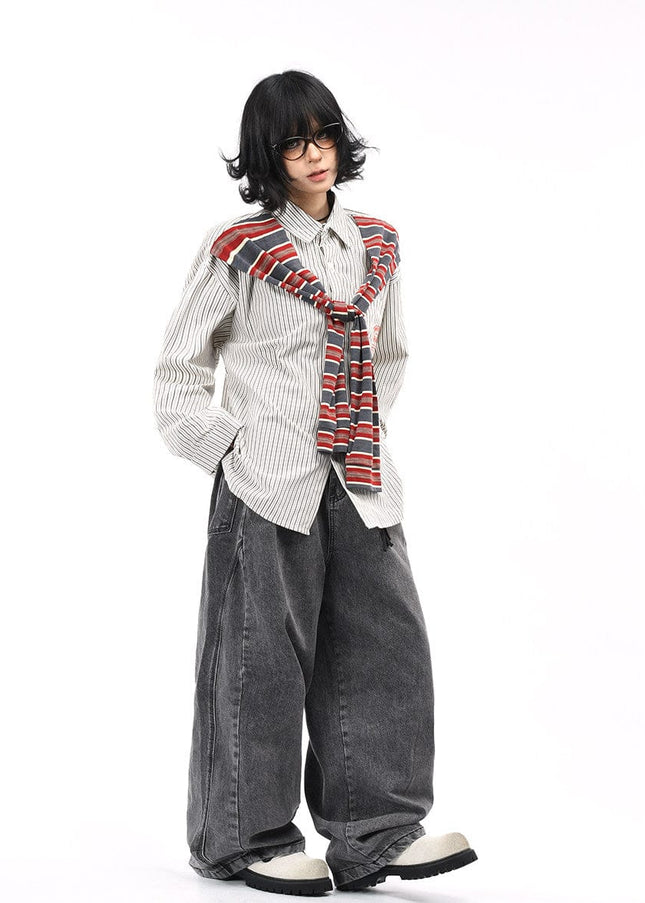 TALKLESSFASHION OV original American vintage striped shawl design long sleeve shirt men's and women's autumn street loose casual shirt trend