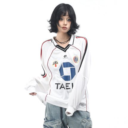 TALKLESSFASHION OV Original American Vintage V-Neck Jersey Printed Long Sleeve T-Shirt Men's and Women's Autumn Loose Raglan Sleeve Couple Top Tide