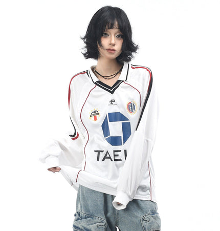 THETLSTUDIO OV Original American Vintage V-Neck Jersey Printed Long Sleeve T-Shirt Men's and Women's Autumn Loose Raglan Sleeve Couple Top Tide