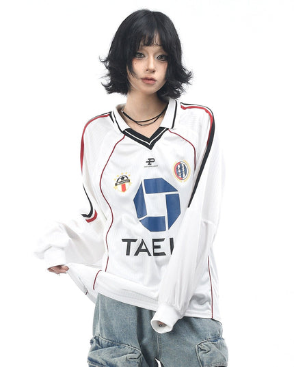 TALKLESSFASHION OV Original American Vintage V-Neck Jersey Printed Long Sleeve T-Shirt Men's and Women's Autumn Loose Raglan Sleeve Couple Top Tide