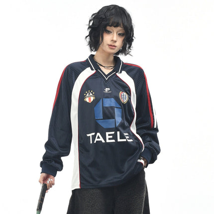 TALKLESSFASHION OV Original American Vintage V-Neck Jersey Printed Long Sleeve T-Shirt Men's and Women's Autumn Loose Raglan Sleeve Couple Top Tide