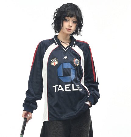 THETLSTUDIO OV Original American Vintage V-Neck Jersey Printed Long Sleeve T-Shirt Men's and Women's Autumn Loose Raglan Sleeve Couple Top Tide