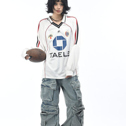 TALKLESSFASHION OV Original American Vintage V-Neck Jersey Printed Long Sleeve T-Shirt Men's and Women's Autumn Loose Raglan Sleeve Couple Top Tide