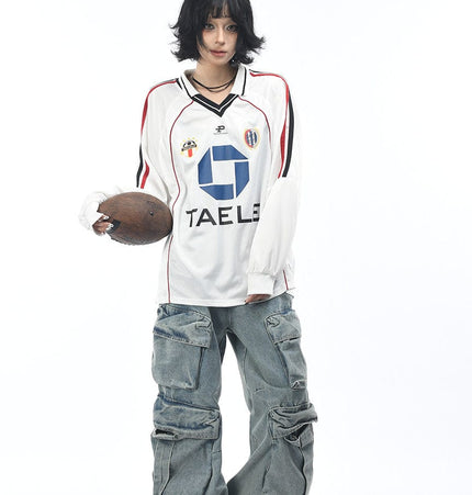 THETLSTUDIO OV Original American Vintage V-Neck Jersey Printed Long Sleeve T-Shirt Men's and Women's Autumn Loose Raglan Sleeve Couple Top Tide