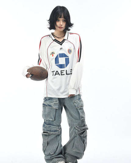 TALKLESSFASHION OV Original American Vintage V-Neck Jersey Printed Long Sleeve T-Shirt Men's and Women's Autumn Loose Raglan Sleeve Couple Top Tide