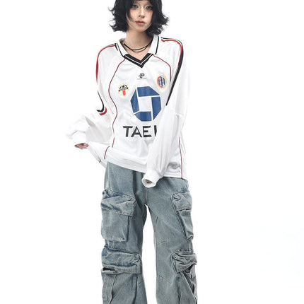TALKLESSFASHION OV Original American Vintage V-Neck Jersey Printed Long Sleeve T-Shirt Men's and Women's Autumn Loose Raglan Sleeve Couple Top Tide