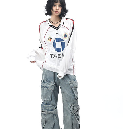 THETLSTUDIO OV Original American Vintage V-Neck Jersey Printed Long Sleeve T-Shirt Men's and Women's Autumn Loose Raglan Sleeve Couple Top Tide