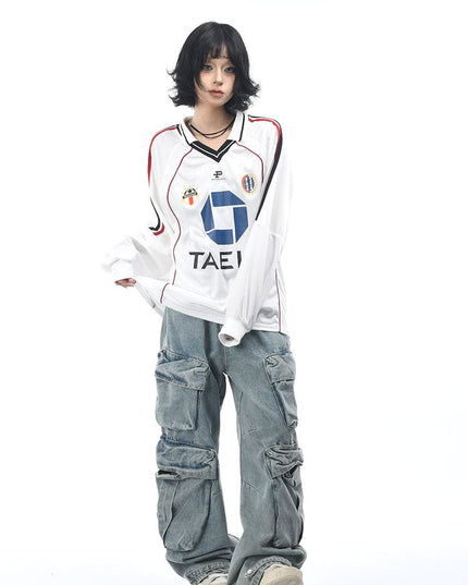 TALKLESSFASHION OV Original American Vintage V-Neck Jersey Printed Long Sleeve T-Shirt Men's and Women's Autumn Loose Raglan Sleeve Couple Top Tide