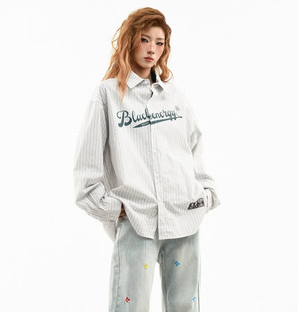 THETLSTUDIO OV original American vintage vertical stripe letter print long sleeve shirt women's spring loose casual couple shirt men
