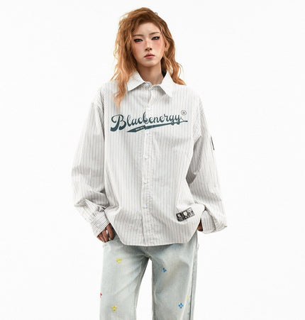 THETLSTUDIO OV original American vintage vertical stripe letter print long sleeve shirt women's spring loose casual couple shirt men