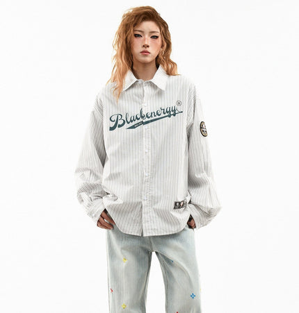 THETLSTUDIO OV original American vintage vertical stripe letter print long sleeve shirt women's spring loose casual couple shirt men