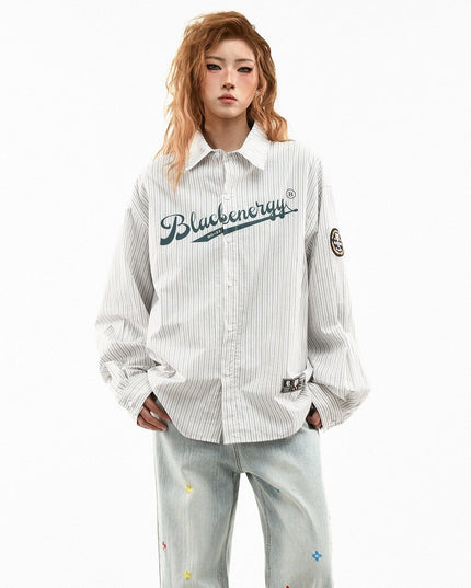 TALKLESSFASHION OV original American vintage vertical stripe letter print long sleeve shirt women's spring loose casual couple shirt men