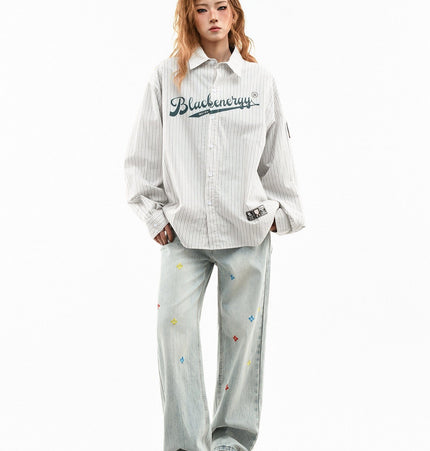 THETLSTUDIO OV original American vintage vertical stripe letter print long sleeve shirt women's spring loose casual couple shirt men
