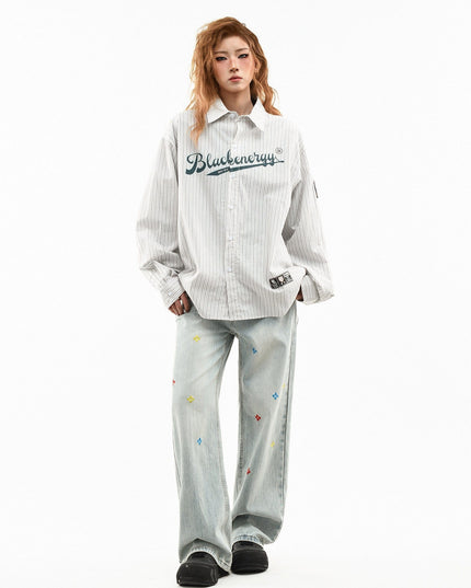 TALKLESSFASHION OV original American vintage vertical stripe letter print long sleeve shirt women's spring loose casual couple shirt men