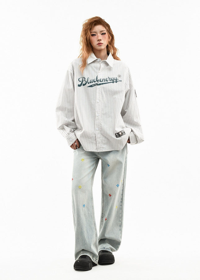 TALKLESSFASHION OV original American vintage vertical stripe letter print long sleeve shirt women's spring loose casual couple shirt men