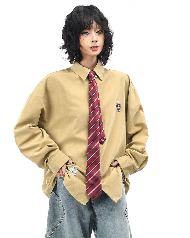 TALKLESSFASHION OV original cartoon bear embroidery collegiate style tie long sleeve shirt women's autumn loose casual versatile shirt men